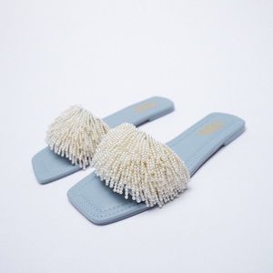 Zara blue slides with pearls; size 10.